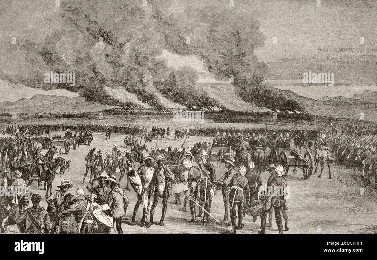 La combustion de la Zulu à Ulundi kraal royal après la bataille d'Ulundi, province Kwa-Zulu-Natal, Afrique du Sud. Banque D'Images