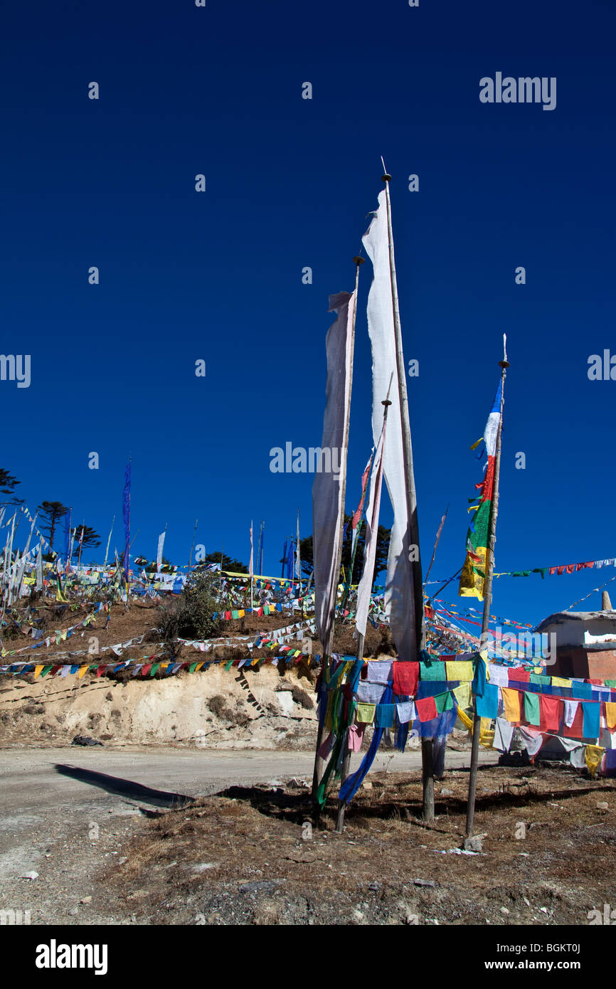 Les drapeaux de prières à l'Thrumshingla col à 3800m qui marque le fossé entre l'Est et l'ouest Bhoutan Banque D'Images