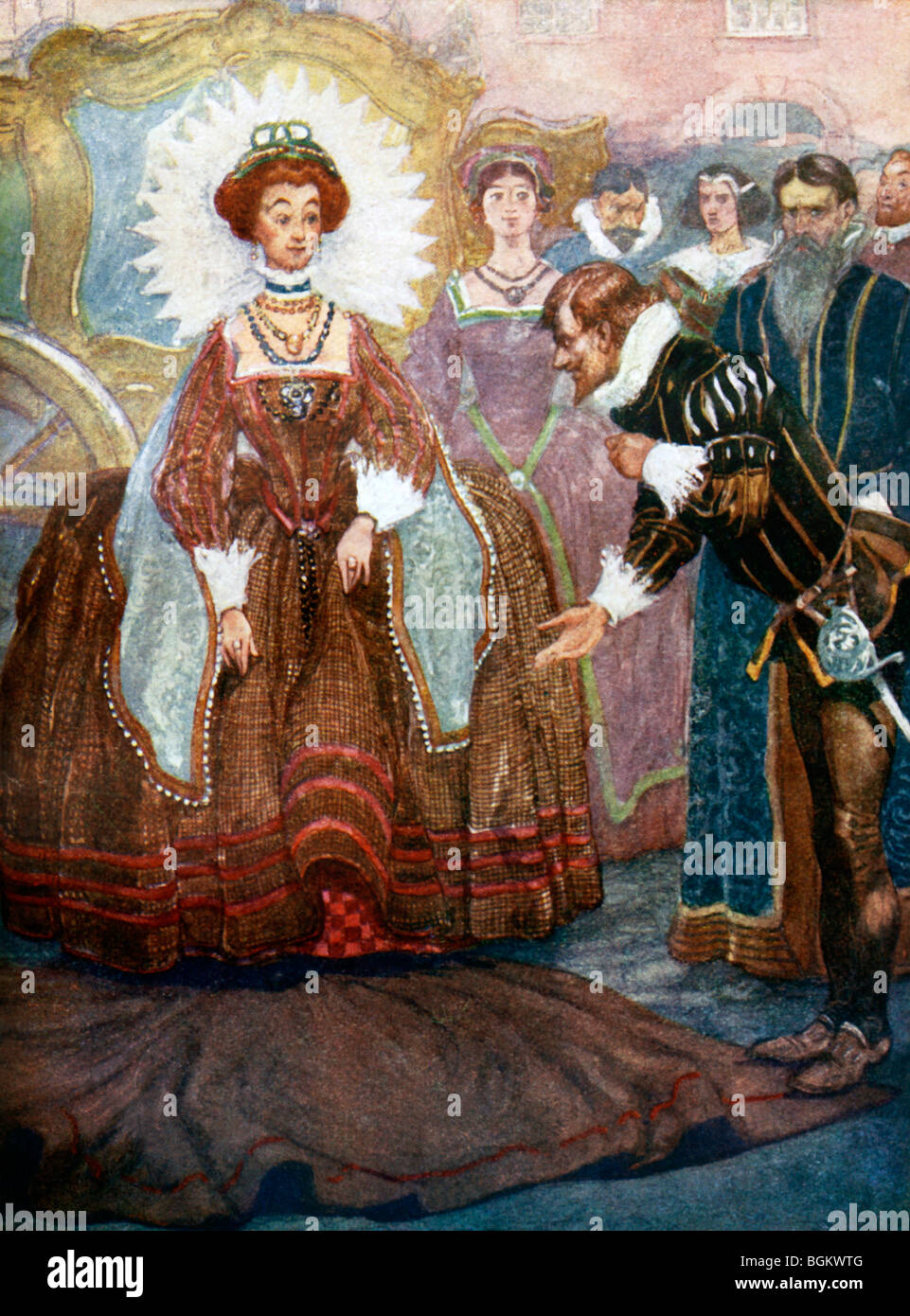 Sir Walter Raleigh portant sa nouvelle voile sur une flaque d'eau pour la reine Elizabeth I pour traverser une rue boueuse 1553 - 1603 Banque D'Images