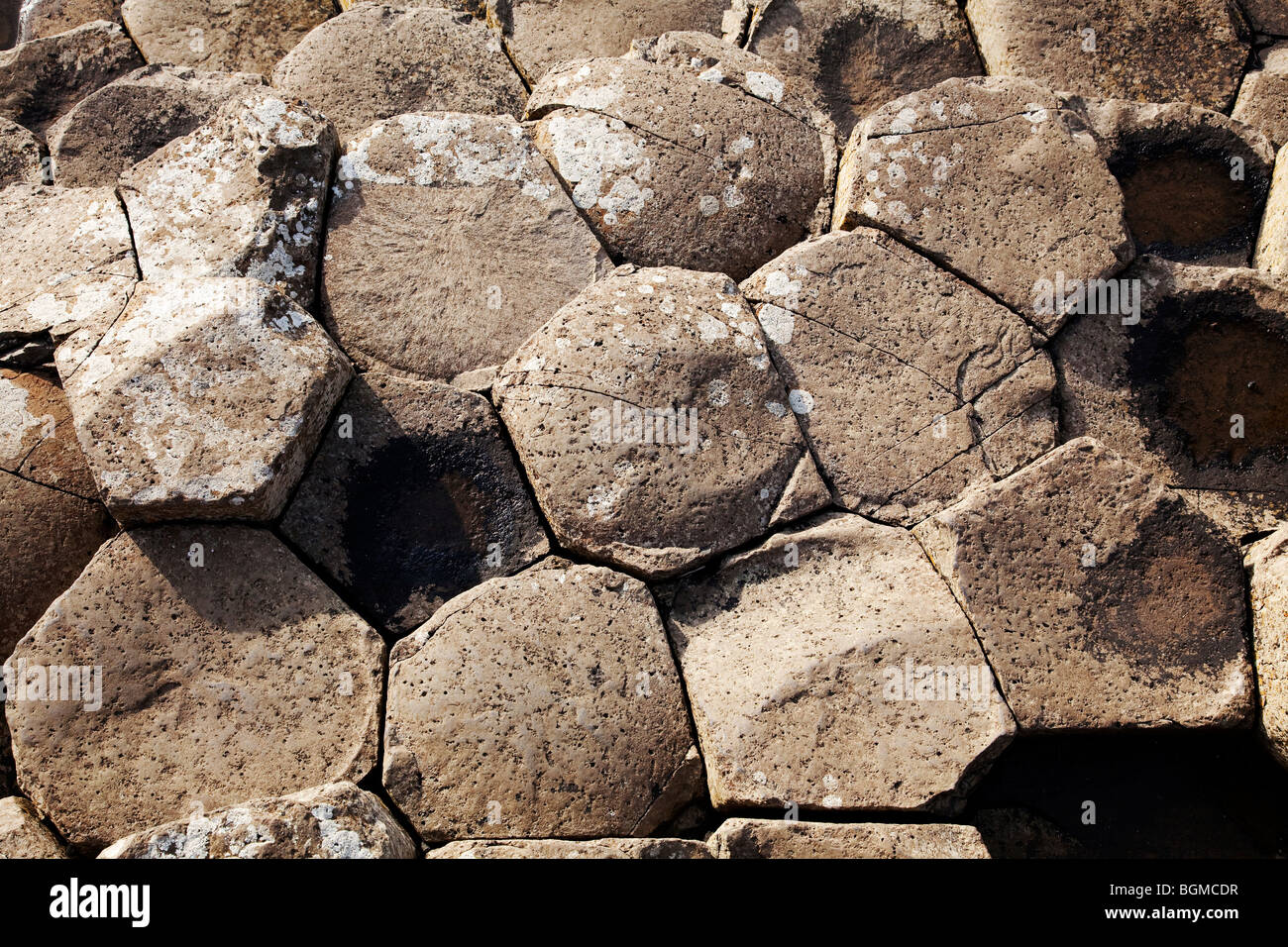 Des pierres volcaniques pentagone rock à la Giant's Causeway Antrim Irlande du Nord un phénomène naturel et un site du patrimoine mondial. Banque D'Images