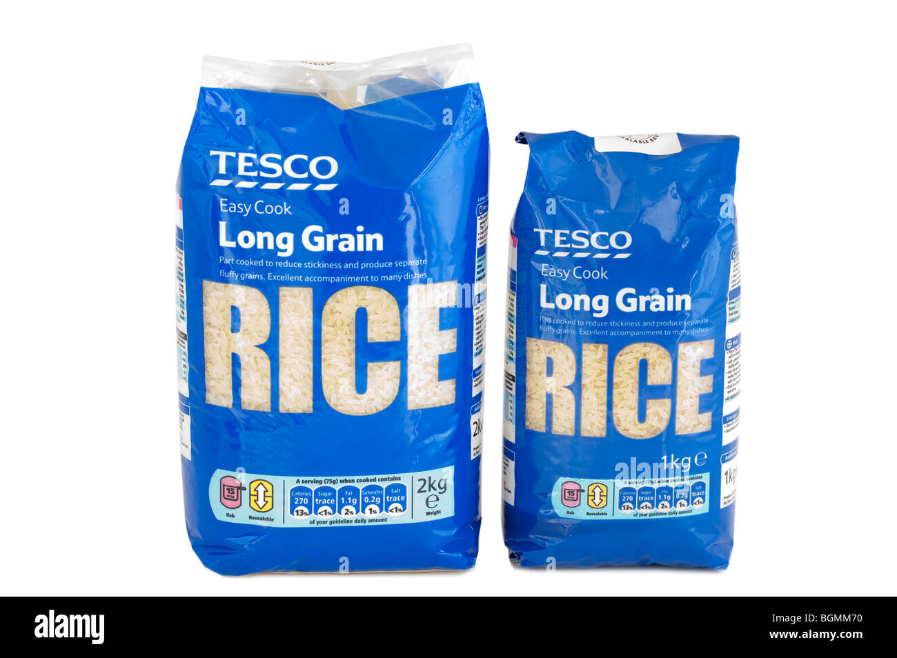 Tesco 2kg et une 1kg sacs cellophane à grains de riz" Banque D'Images