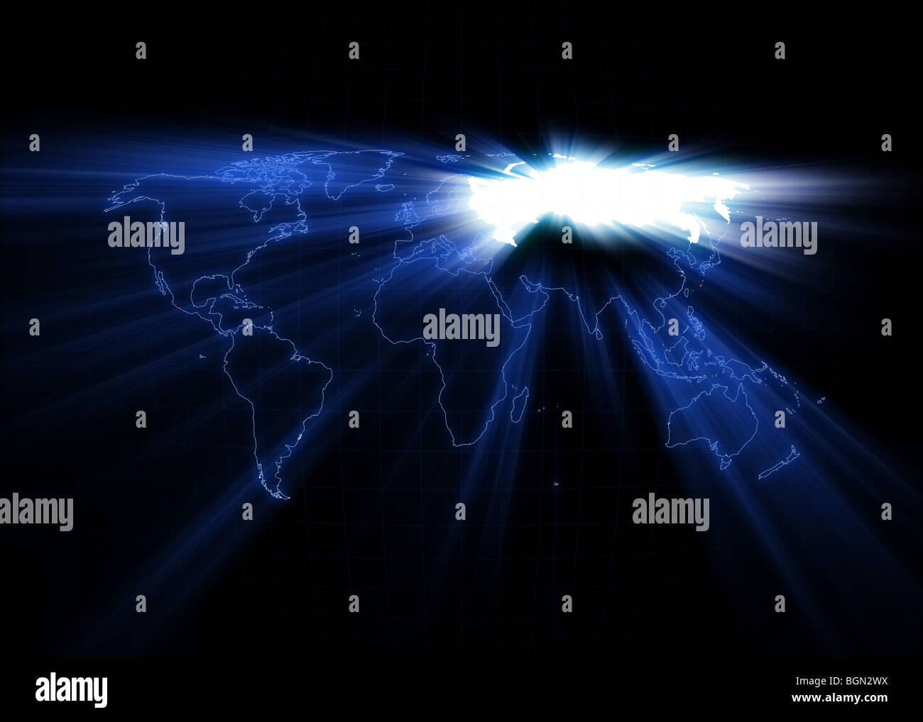 Carte du monde avec la Russie rougeoyant. Banque D'Images