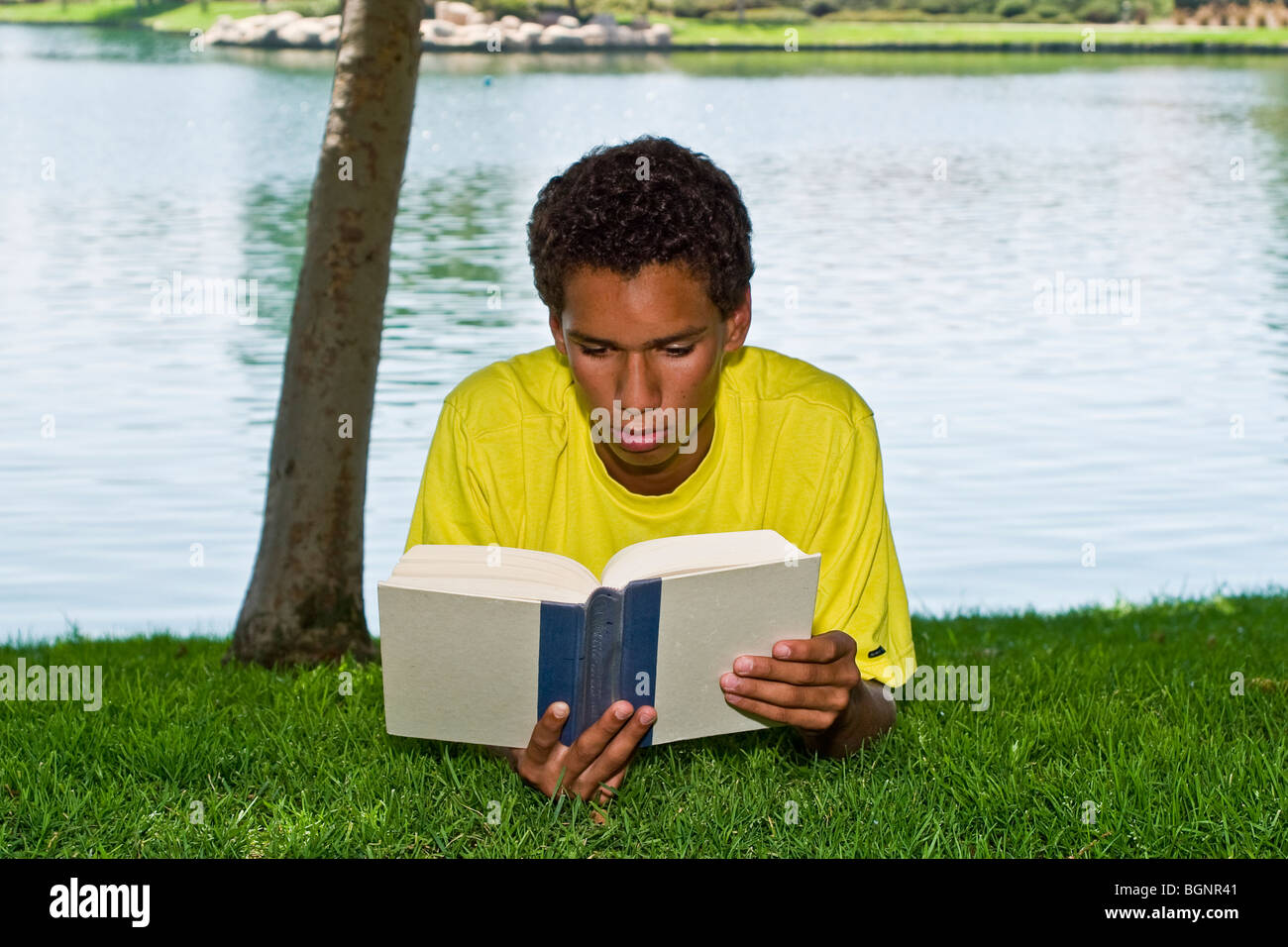 Jeune adolescent de 16 et 17 ans jeune homme se détend dans la lecture de détente sous l'ombre des arbres du parc © Myrleen Pearson Vue avant Banque D'Images