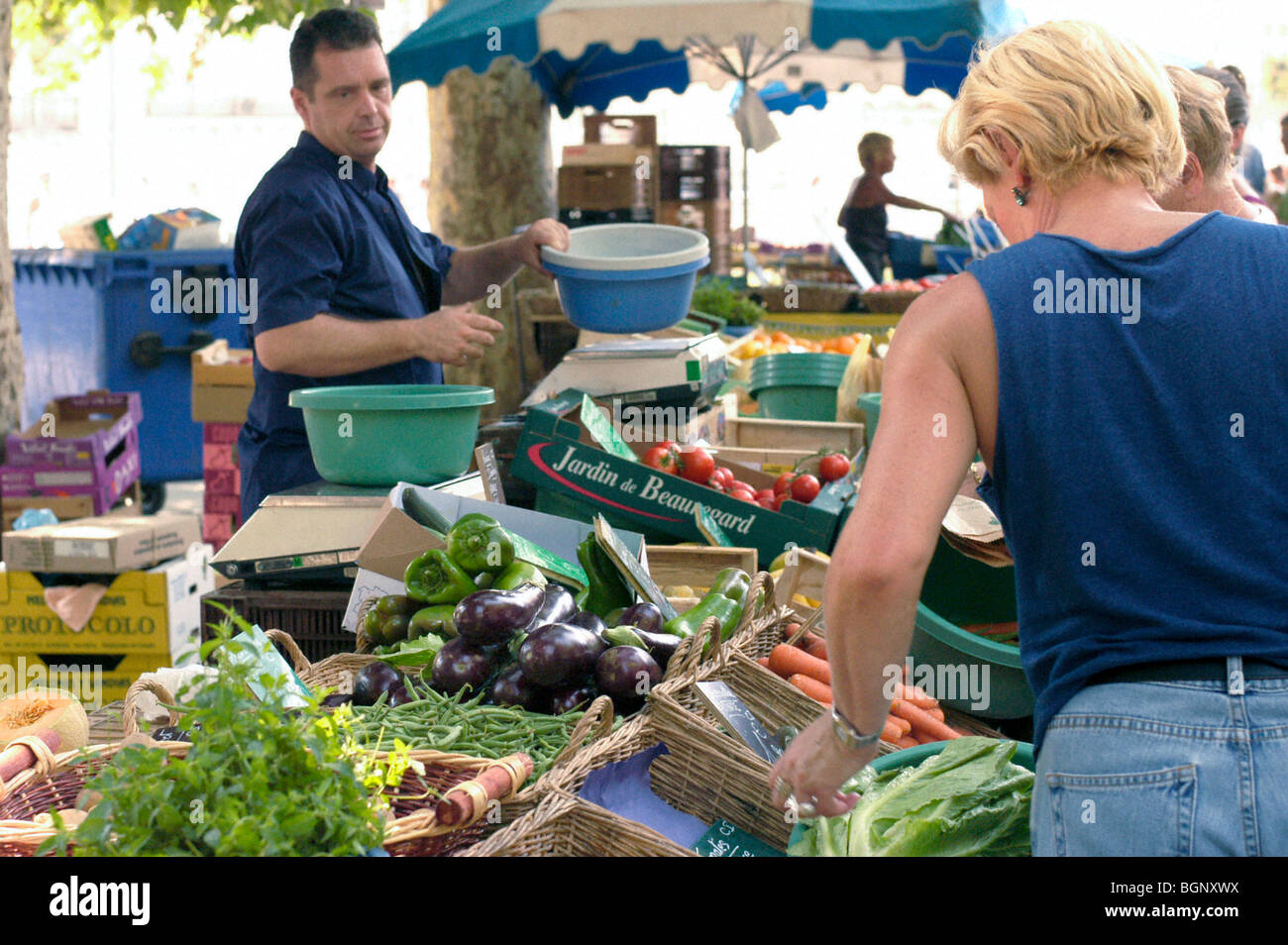 MONTPELLIER, FRANCE, Femme magasine seule DANS LE « marché agricole » DE FRUITS et LÉGUMES EN PLEIN AIR Banque D'Images