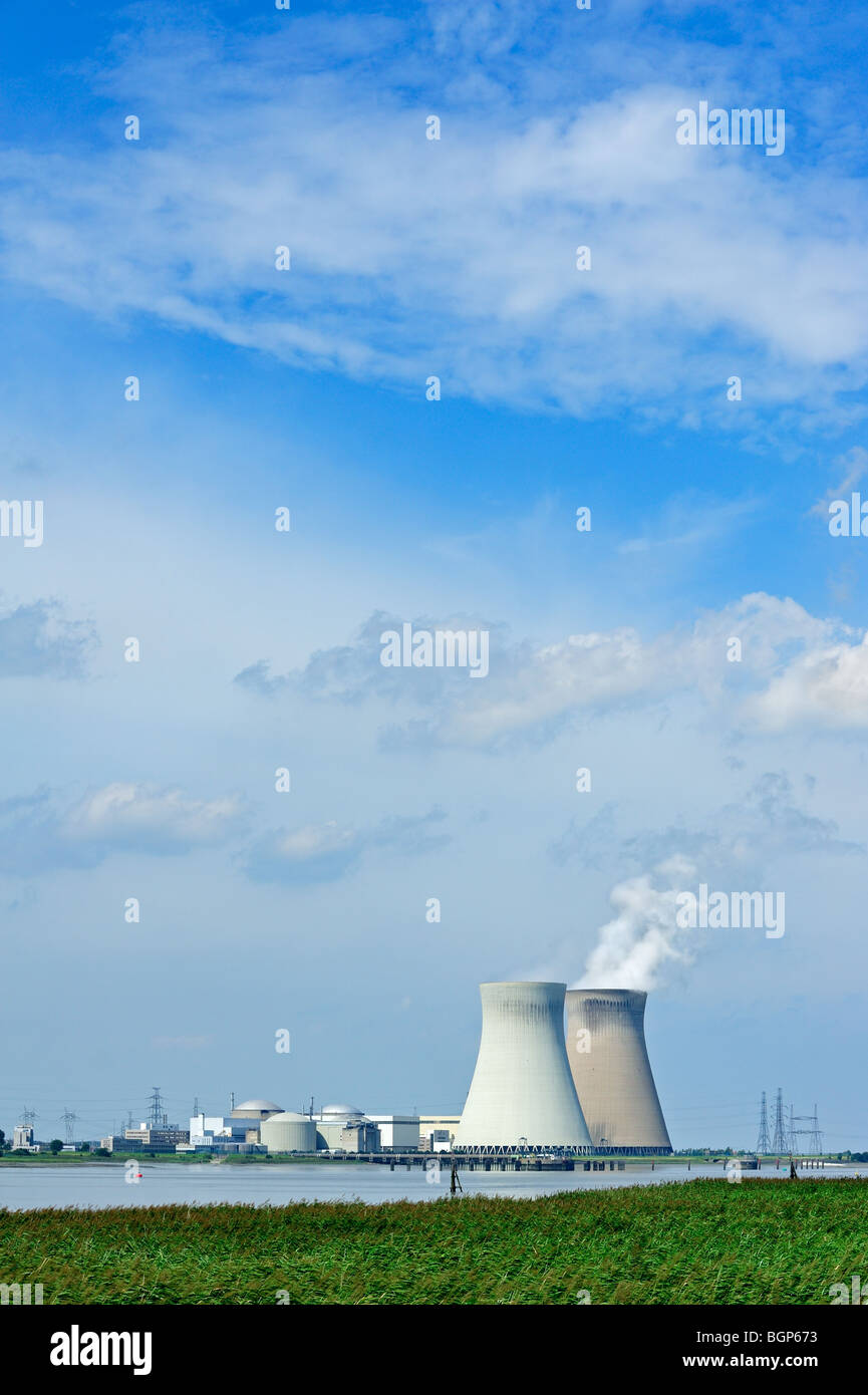 Les lignes électriques et les tours de refroidissement de la centrale nucléaire de Doel le long de l'Escaut à Anvers, Belgique Banque D'Images Les lignes électriques et les tours de refroidissement de la centrale nucléaire de Doel le long de l'Escaut à Anvers, Belgique Banque D'Images