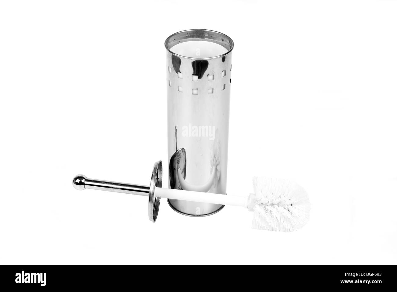 Acier inoxydable toilettes brosse de nettoyage et le support sur un fond blanc. Banque D'Images