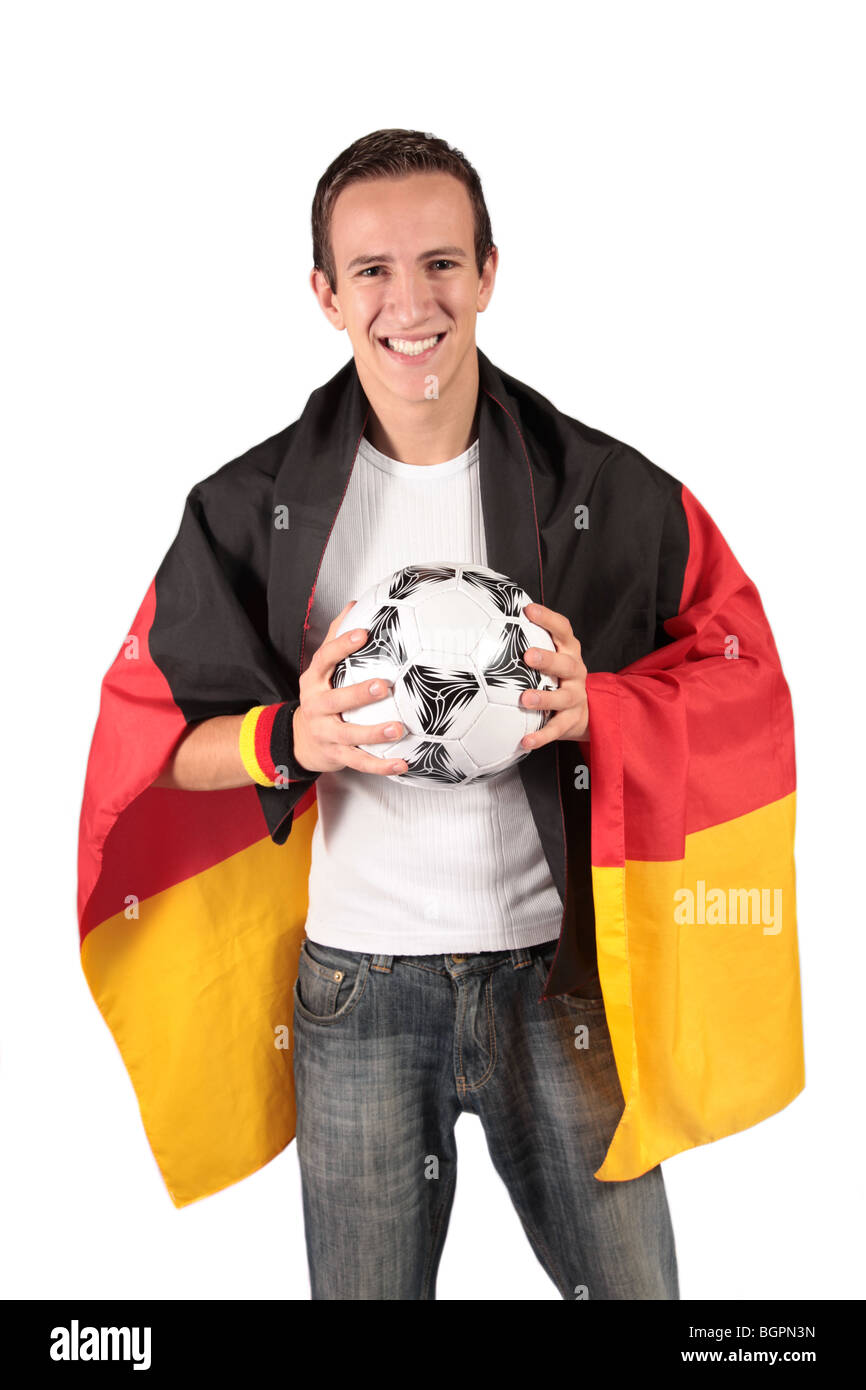 Un jeune allemand fan de foot.Tous les isolé sur fond blanc. Banque D'Images