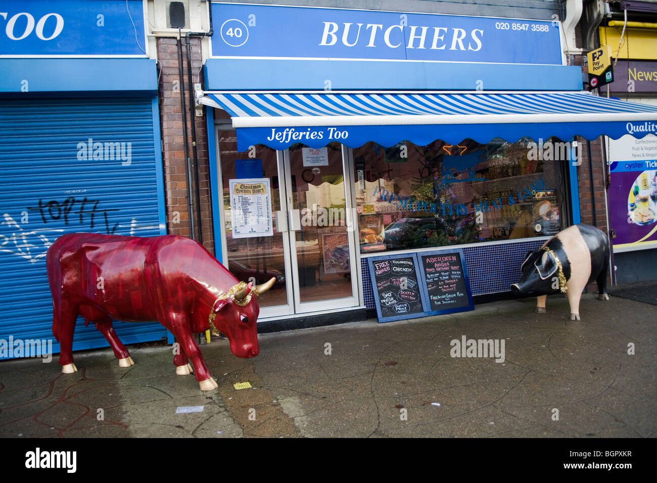 Les bouchers shop avec des animaux en face de la boutique de Londres, Angleterre, Grande-Bretagne, Royaume-Uni Banque D'Images