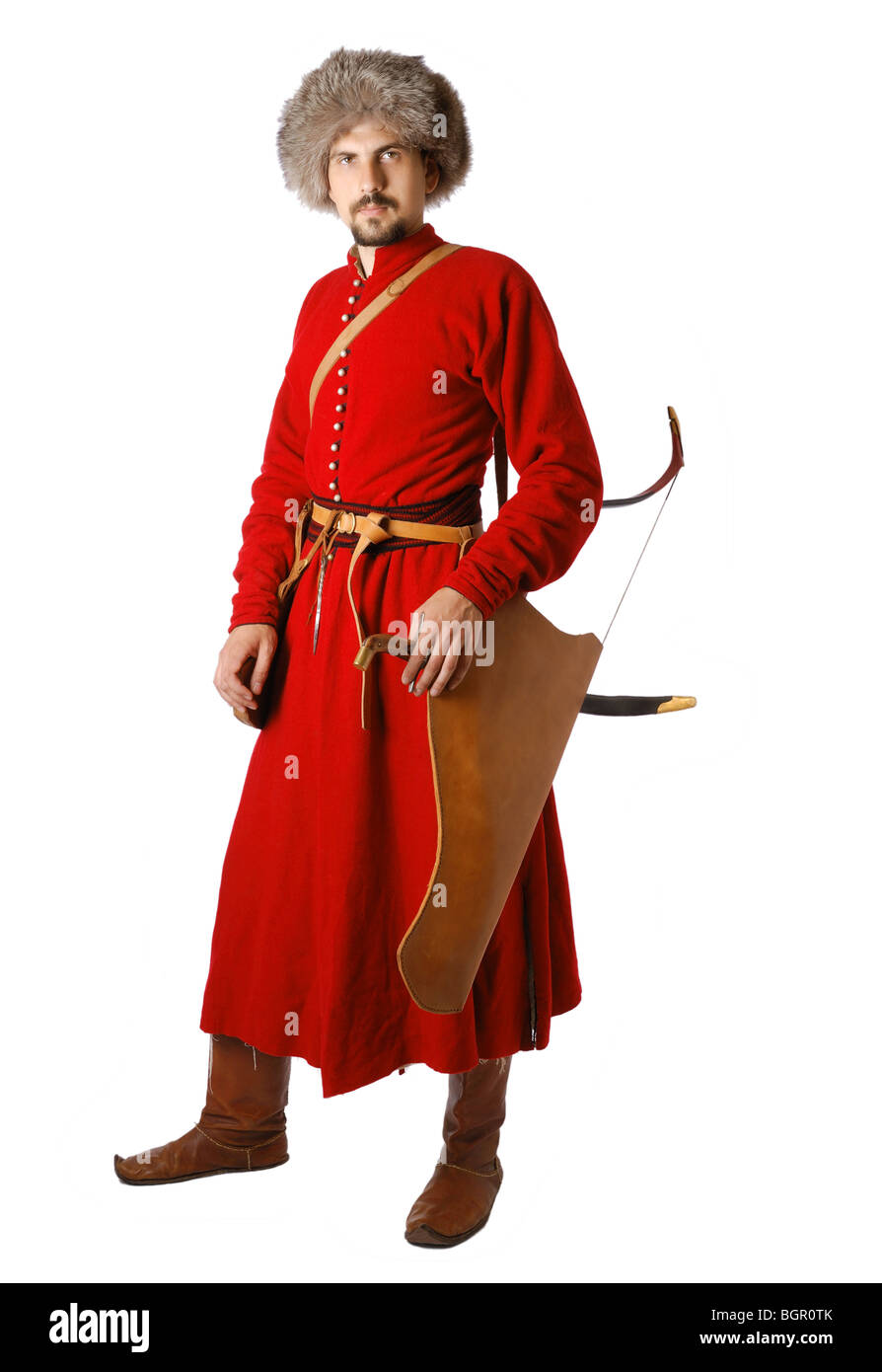 La reconstitution médiévale en costume de guerrier tatare. Banque D'Images