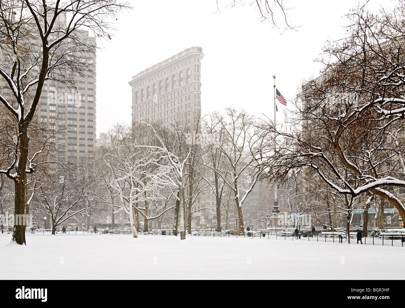 Flatiron Building Madison Square Park tempête d'hiver Banque D'Images