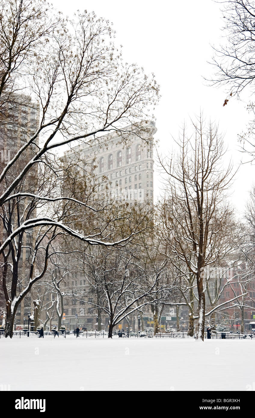 Flatiron Building Madison Square Park tempête d'hiver Banque D'Images