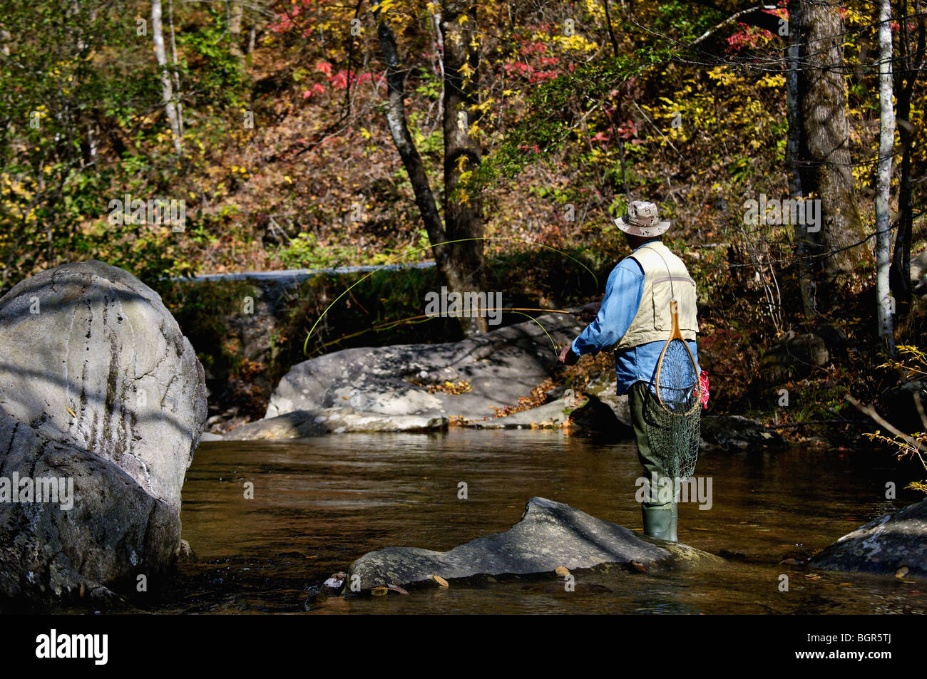 La pêche à la mouche sur la rivière du Nord dans le comté de Monroe, Michigan Banque D'Images
