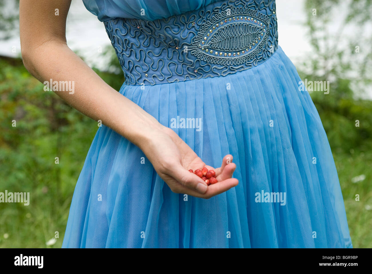 Une femme tenant les fraises des bois dans ses mains. Banque D'Images