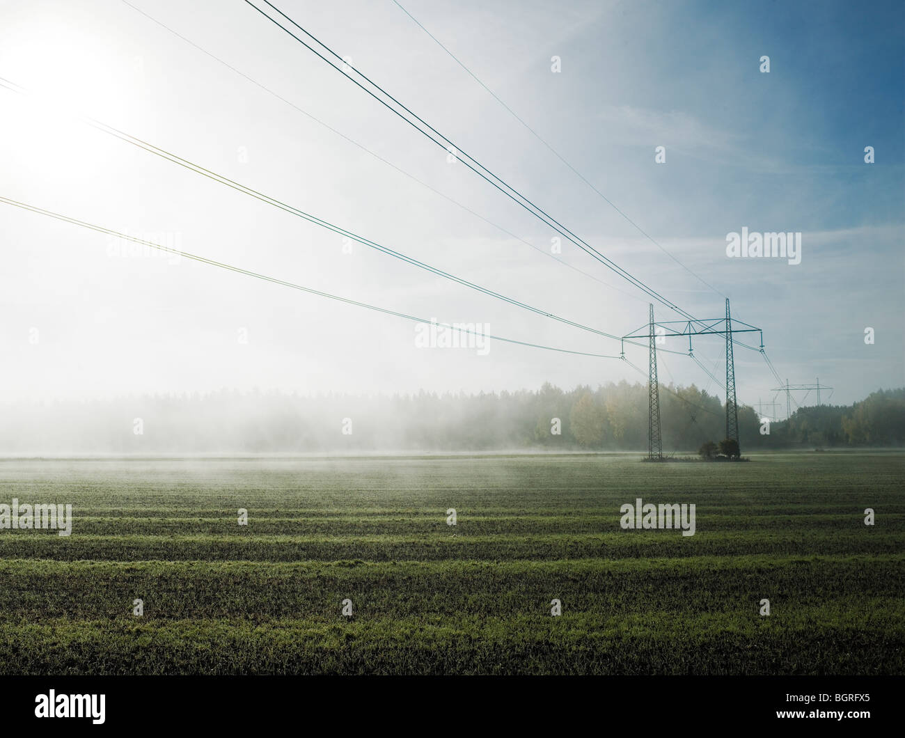 Des lignes électriques au-dessus d'une zone de brouillard, la Suède. Banque D'Images