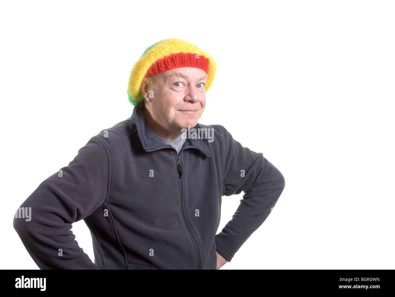 Silly old man wearing clown bonnet rasta. Banque D'Images