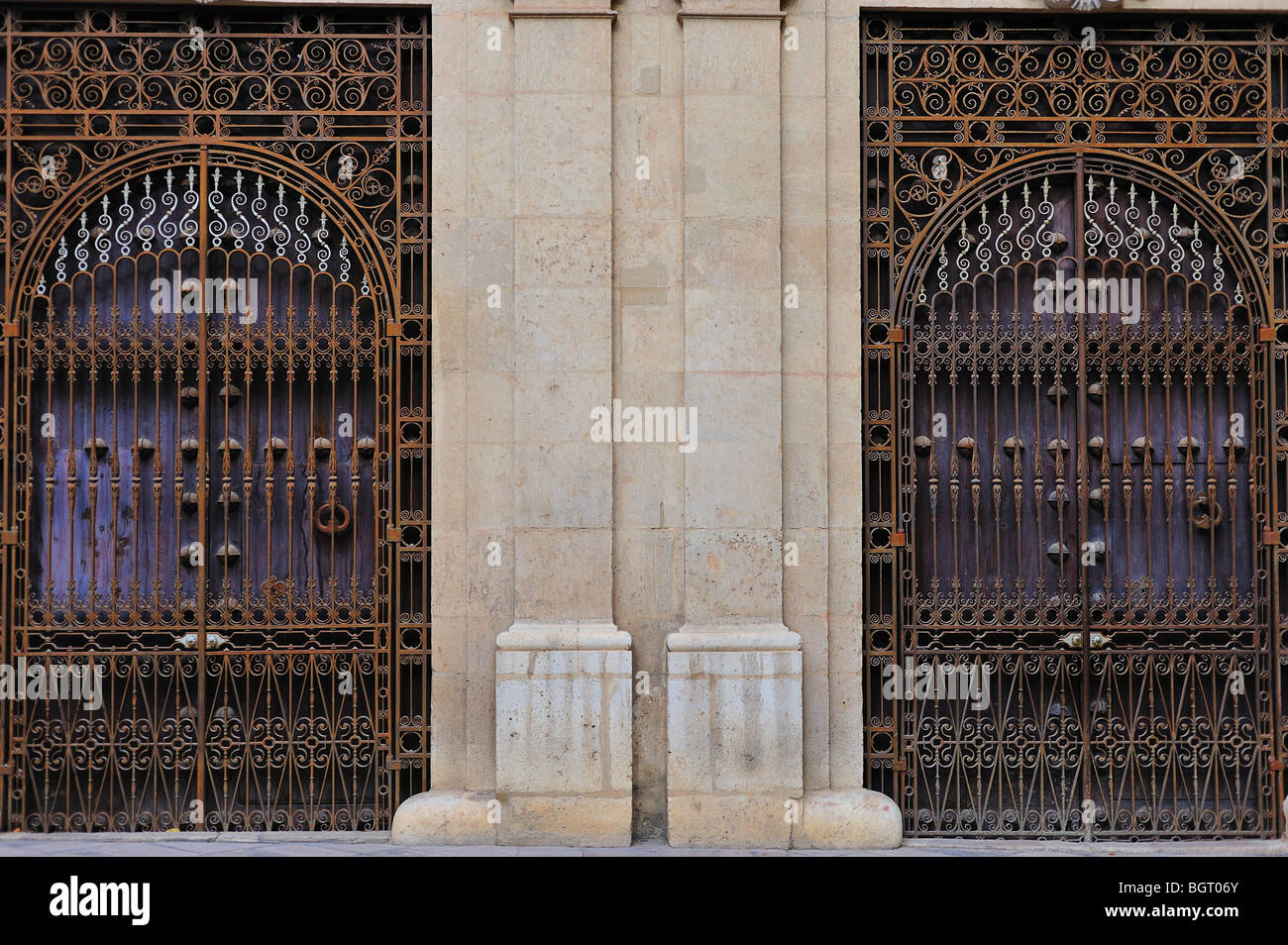 2 portes symétrique avec deux colonnes séparées par des barres noyées dans la façade Banque D'Images
