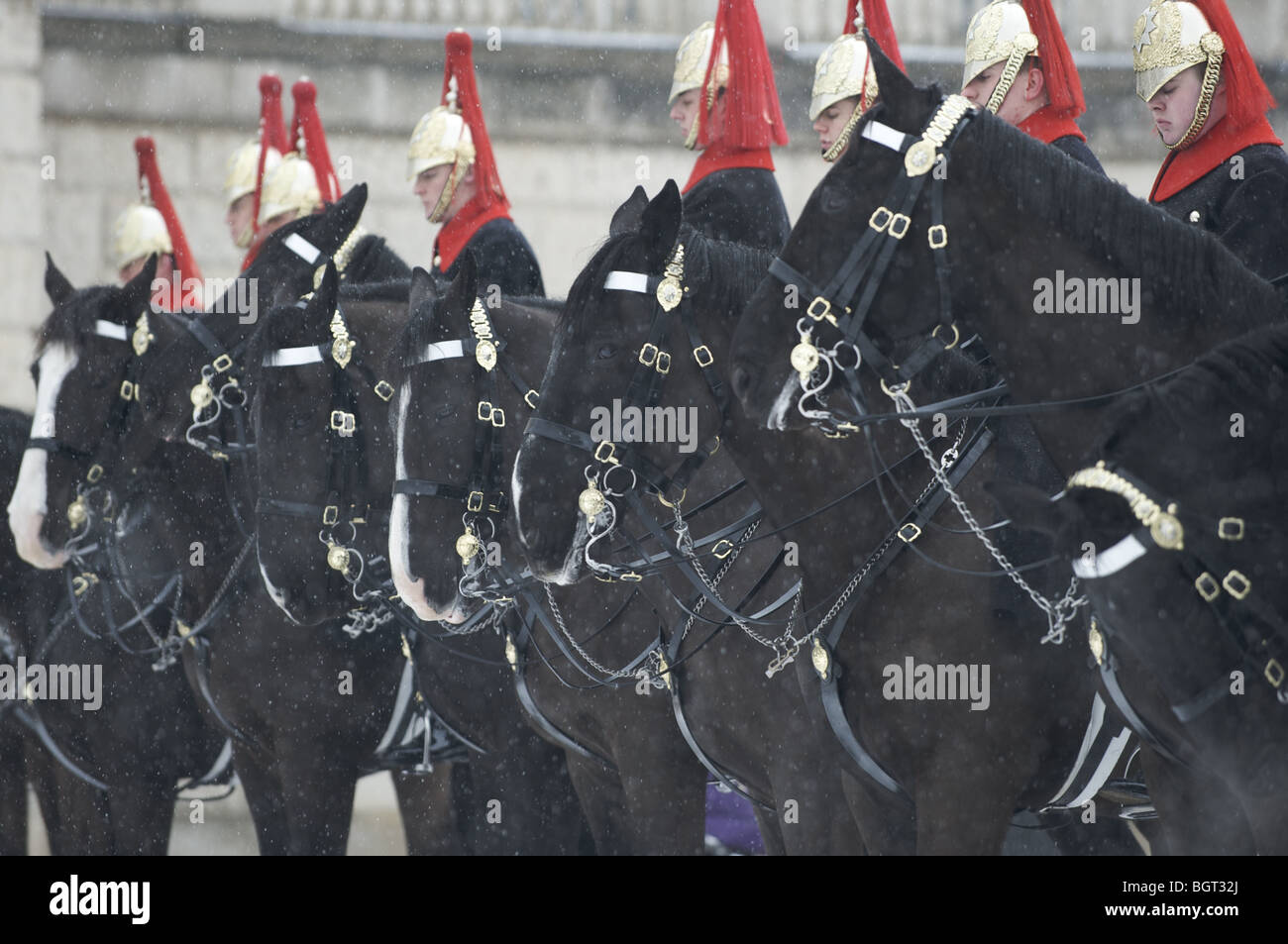 Le Queen's Guard Blues and Royals régiment sur des chevaux dans la neige, Londres, Angleterre Banque D'Images