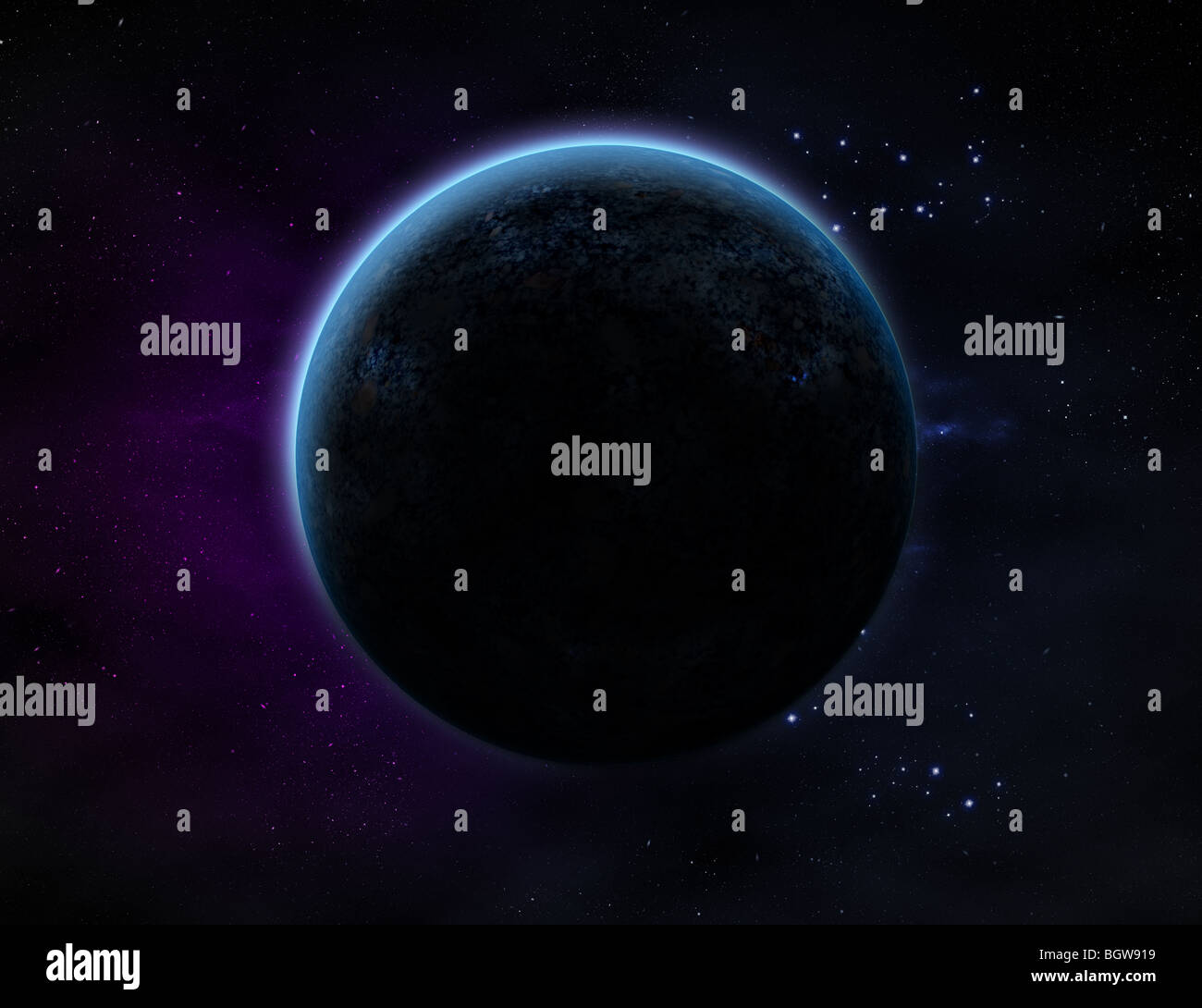 Une planète de bougies dans l'espace avec beaucoup de star et violet/bleu haze. Banque D'Images