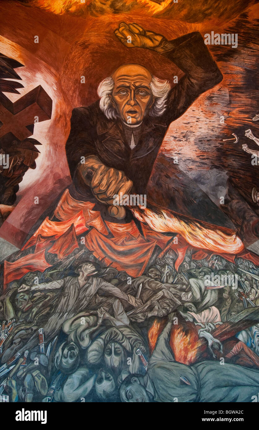 Partie centrale de la murale de 'Flaming Hidalgo par José Clemente Orozco au Palacio de Gobierno, Guadalajara, Mexique. Banque D'Images