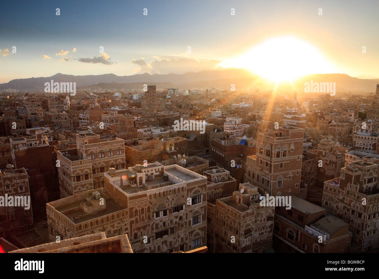 Coucher de soleil sur Sanaa, Yémen Banque D'Images