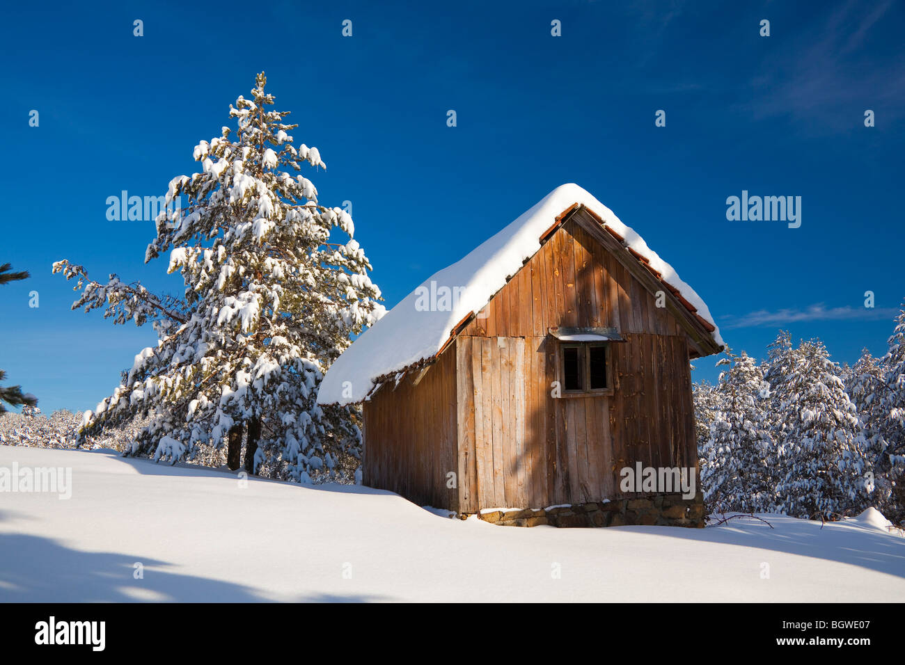 La montagne jaune petite maison en bois dans la neige Banque D'Images