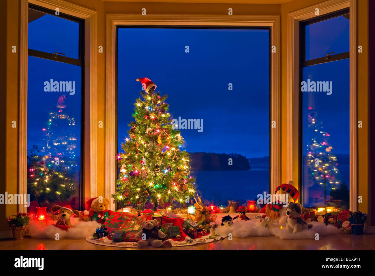 Arbre de Noël avec des lumières, décorations et cadeaux dans une fenêtre au crépuscule, les artistes Point, Hyde Creek, Port McNeill, le nord de l'Av Banque D'Images