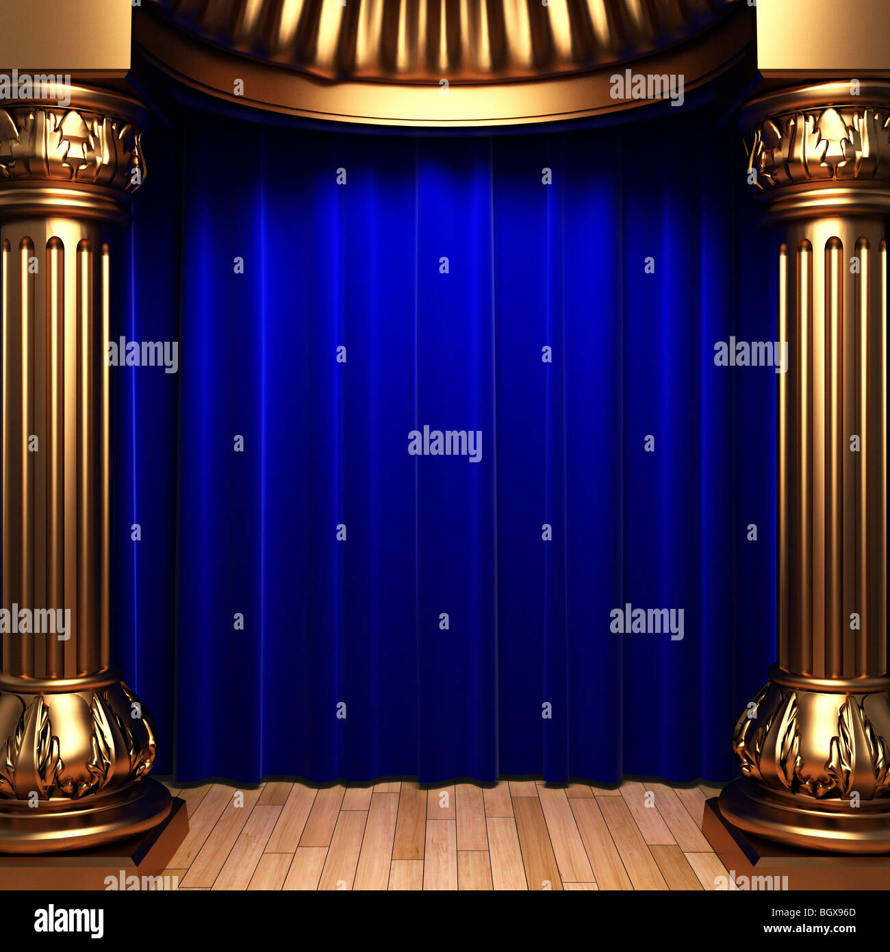 Rideaux en velours bleu derrière les colonnes d'or Banque D'Images