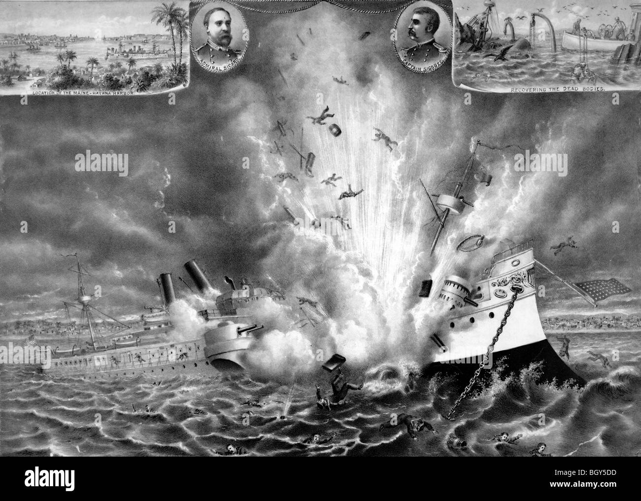 La destruction du cuirassé Maine dans le port de La Havane le 15 février 1898 Banque D'Images