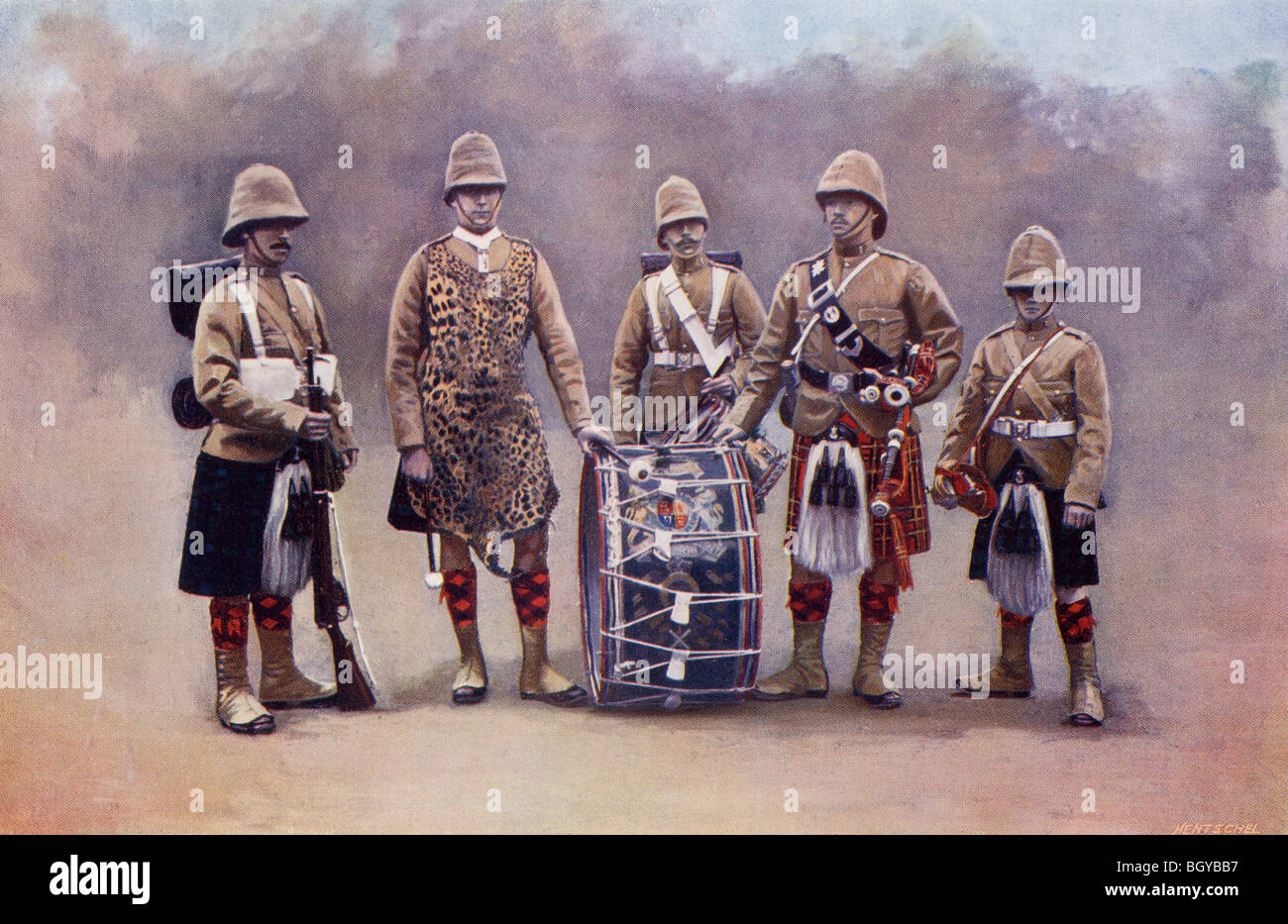 Secteur, percussionnistes, Piper et clairon du Black Watch durant la seconde guerre des Boers. Banque D'Images