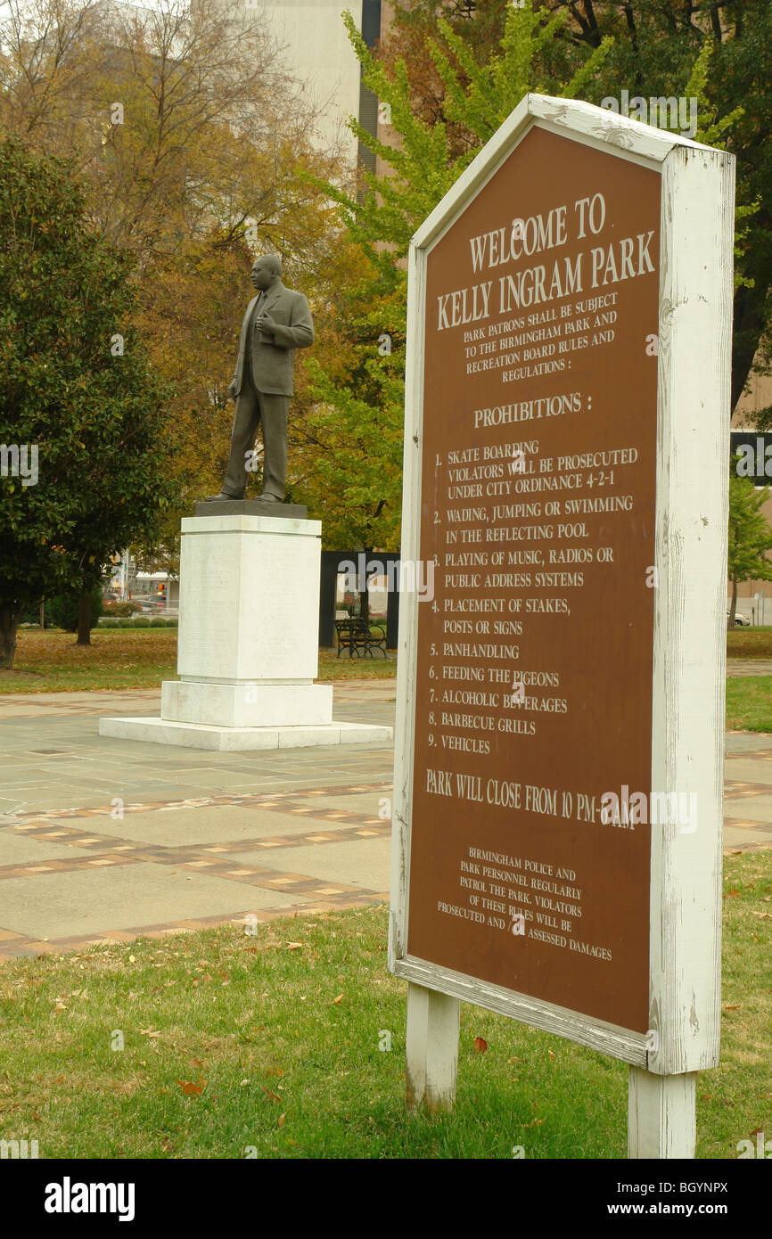 Birmingham, AL, Alabama, le centre-ville, Bienvenue à Kelly Ingram Park sign Banque D'Images