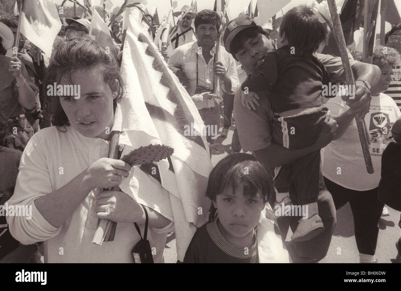 La famille Latino marchant avec UFW Cesar Chavez marcheurs de funérailles ; Delano, Californie, 1993. Noir et blanc. Les droits civils d'un drapeau Banque D'Images