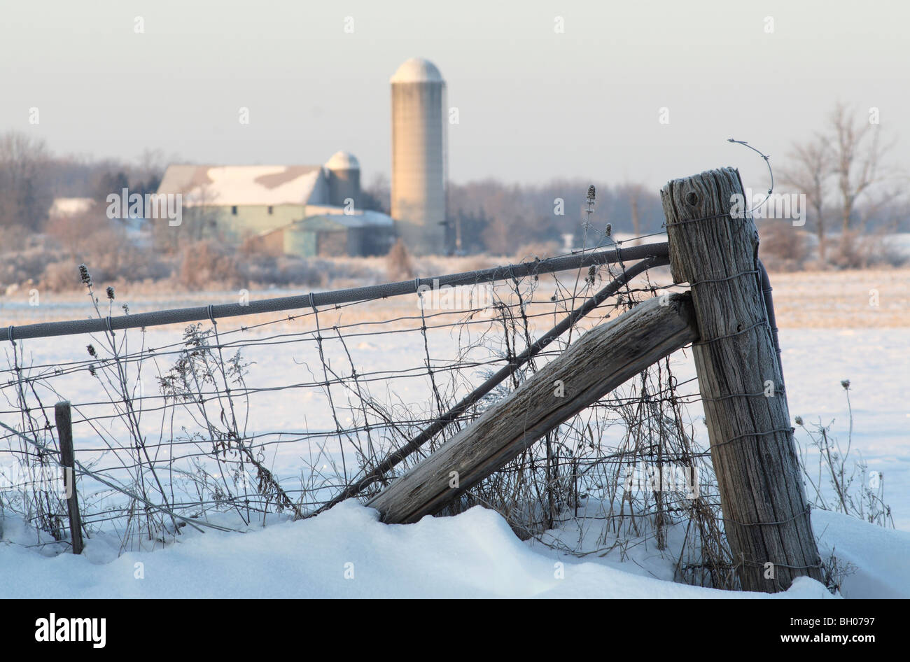 Ferme en ferme avec la neige en arrière-plan Banque D'Images