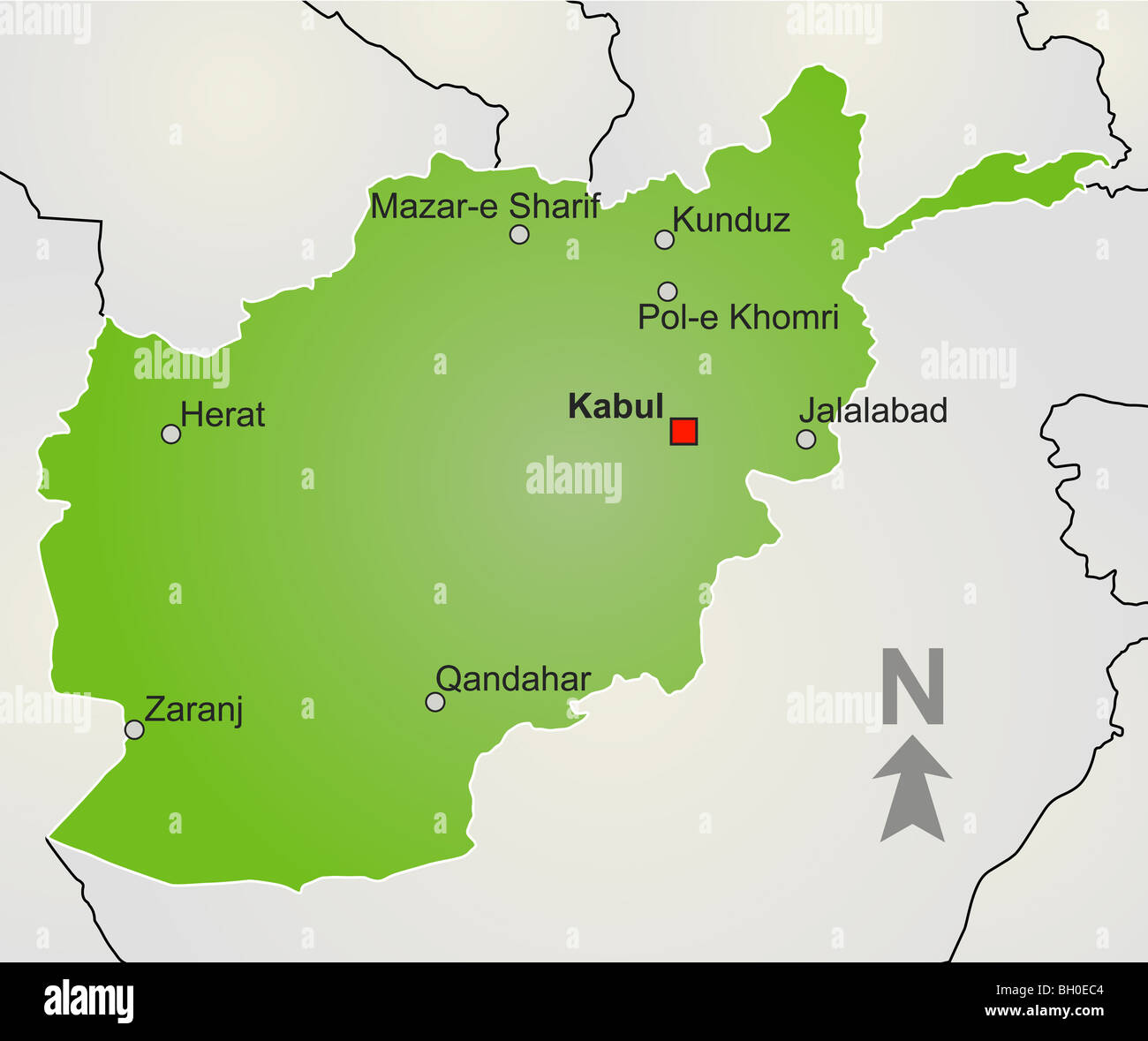 Une carte stylisée de l'Afghanistan montrant différentes grandes villes, les frontières et les pays voisins. Banque D'Images