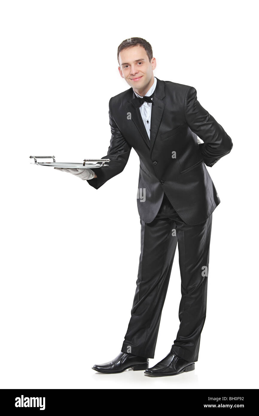 Butler holding un bac vide isolé sur fond blanc Banque D'Images