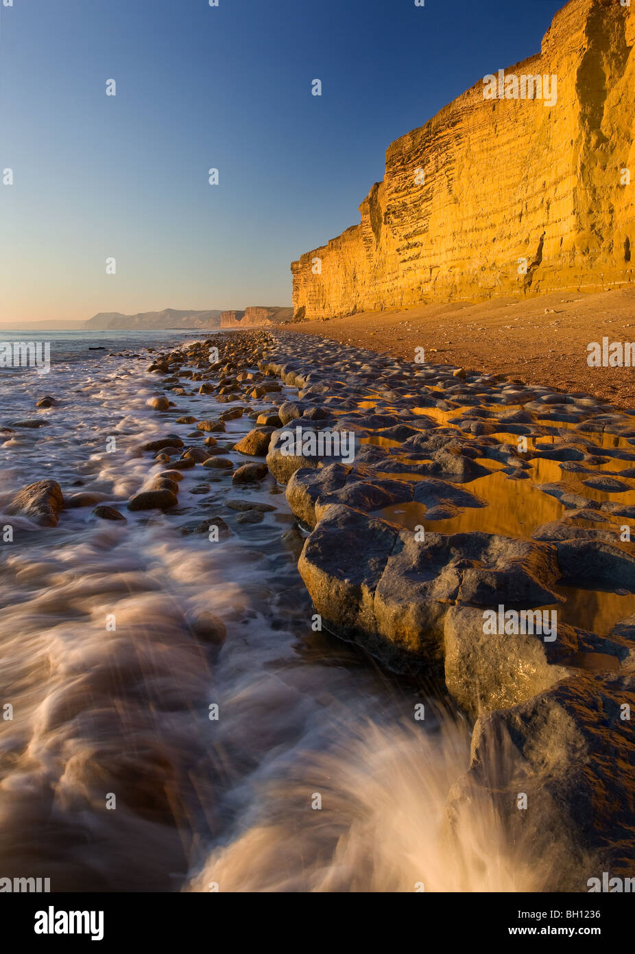 Soleil d'hiver et de la marée basse à Burton Bradstock soulignant les falaises de grès doré et corniches rocheuses Banque D'Images