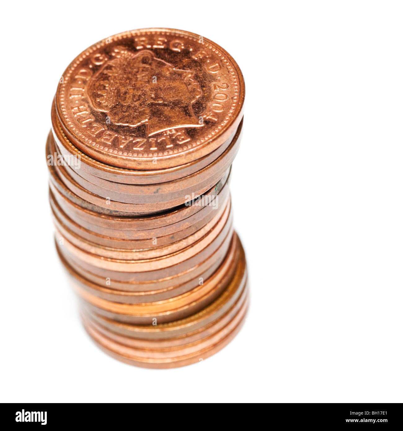 Pile de pièces de monnaie britanniques un pence - macro close up selective focus Banque D'Images