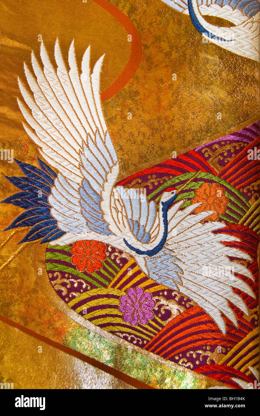 Brocade Fabric asiatique avec grue, close-up Banque D'Images