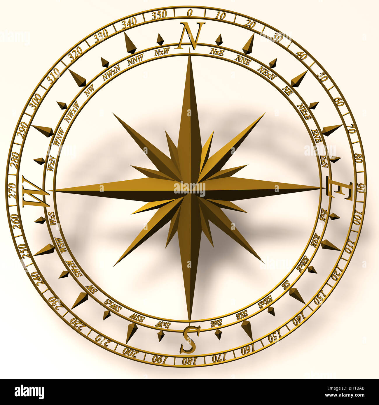 3d illustration de rose des vents, montrant les quatre points cardinaux, les quatre directions intercardinal, et 8 autres divisions. Cut out. Banque D'Images