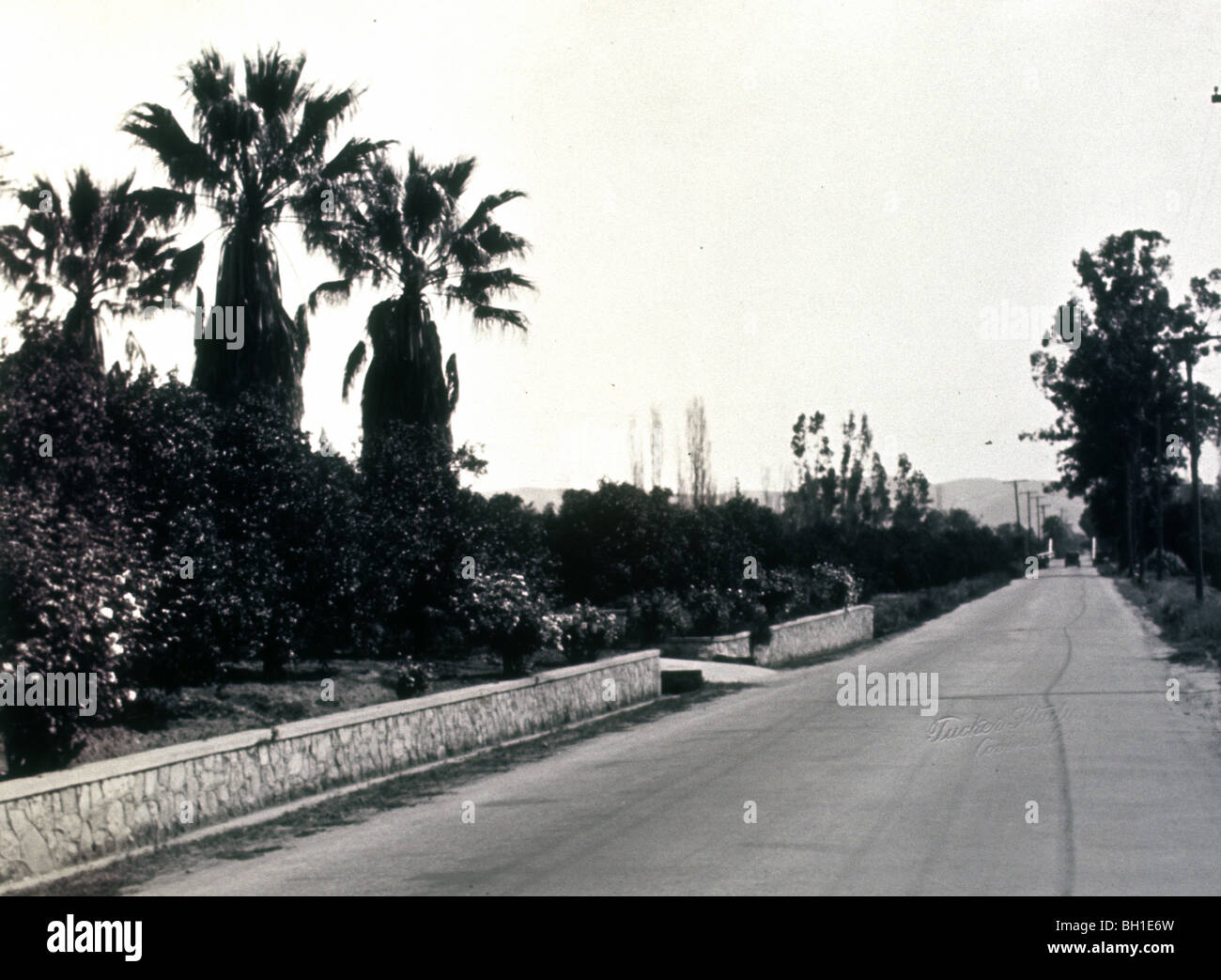 Scène de rue à Los Angeles dans les années 1920. Palmiers. LA ROUTE D'un modèle d'agriculture ferme roadster montagnes rurales Banque D'Images