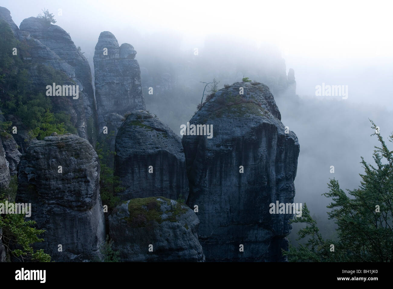 Rock formation dans le brouillard, Neurathener rock faces, la Suisse Saxonne, Elbsandsteingebirge, Saxe, Allemagne, Europe Banque D'Images