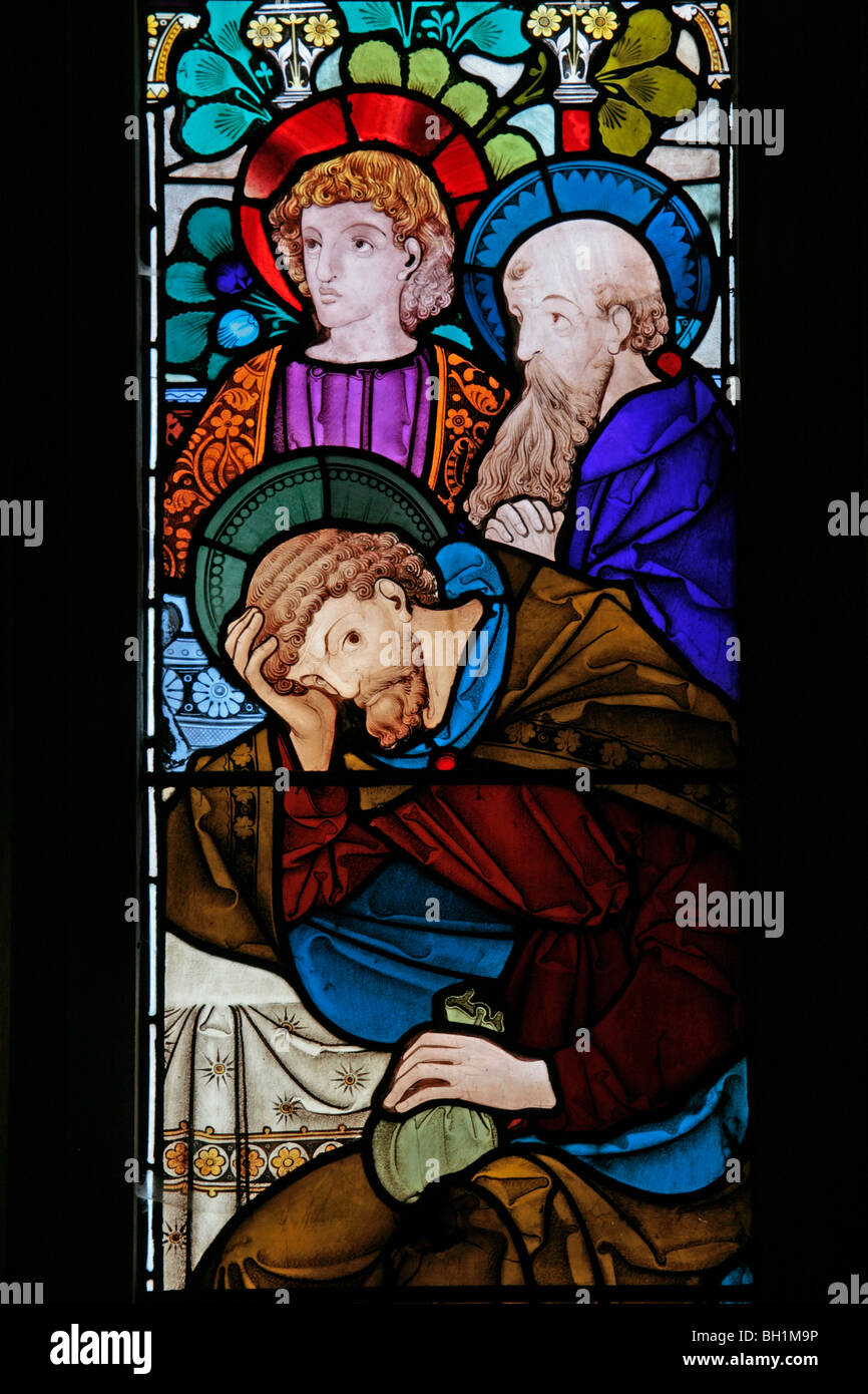 Un vitrail représentant Judas Iscariot dans la Dernière Cène, All Saints Church, Allesley, Coventry Banque D'Images