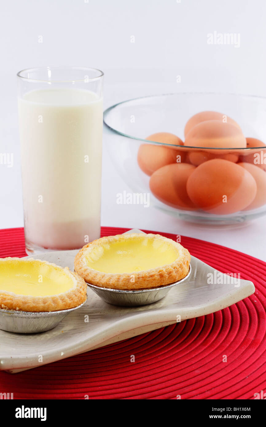 Tartelettes de deux oeufs, un verre de lait et un bol d'œufs sur un fond blanc Banque D'Images