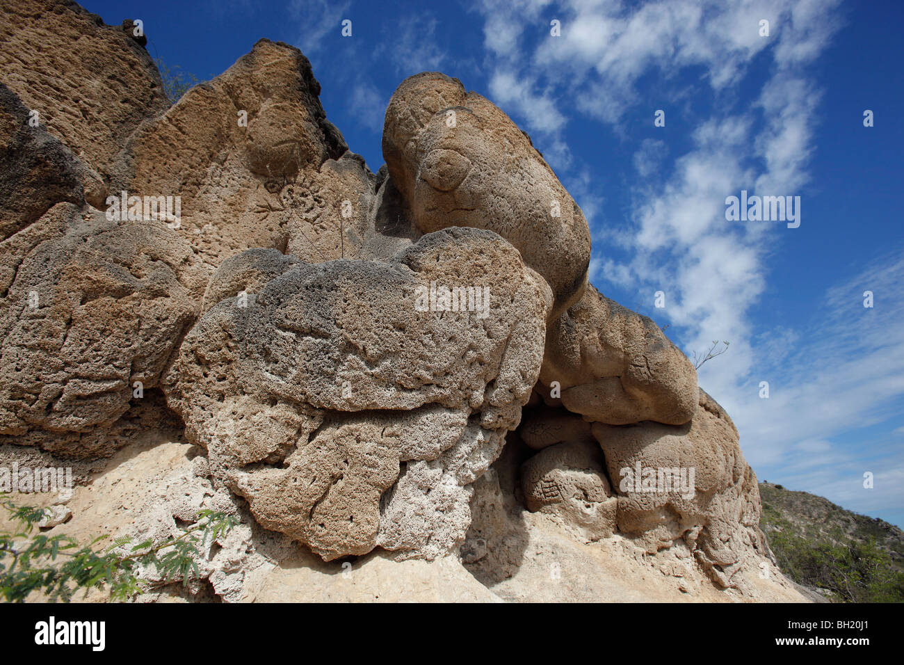 Corail fossilisé rock formation avec des sculptures comme Taino sur la rive du Lago Enriquillo, République Dominicaine Banque D'Images