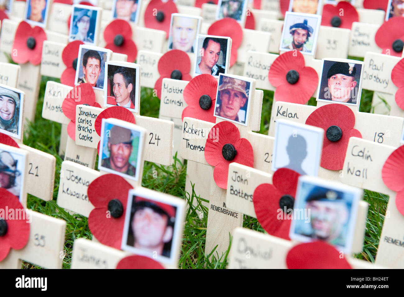 Croix de bois avec des coquelicots et des photos de la morts à la guerre en Irak et en Afghanistan dans le champ du souvenir de l'abbaye de Westminster Banque D'Images