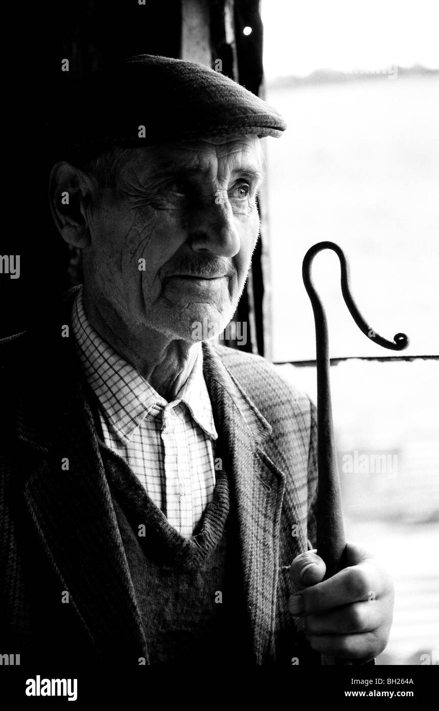 Vieux berger, tenant sa crosse à la fenêtre de grange Banque D'Images