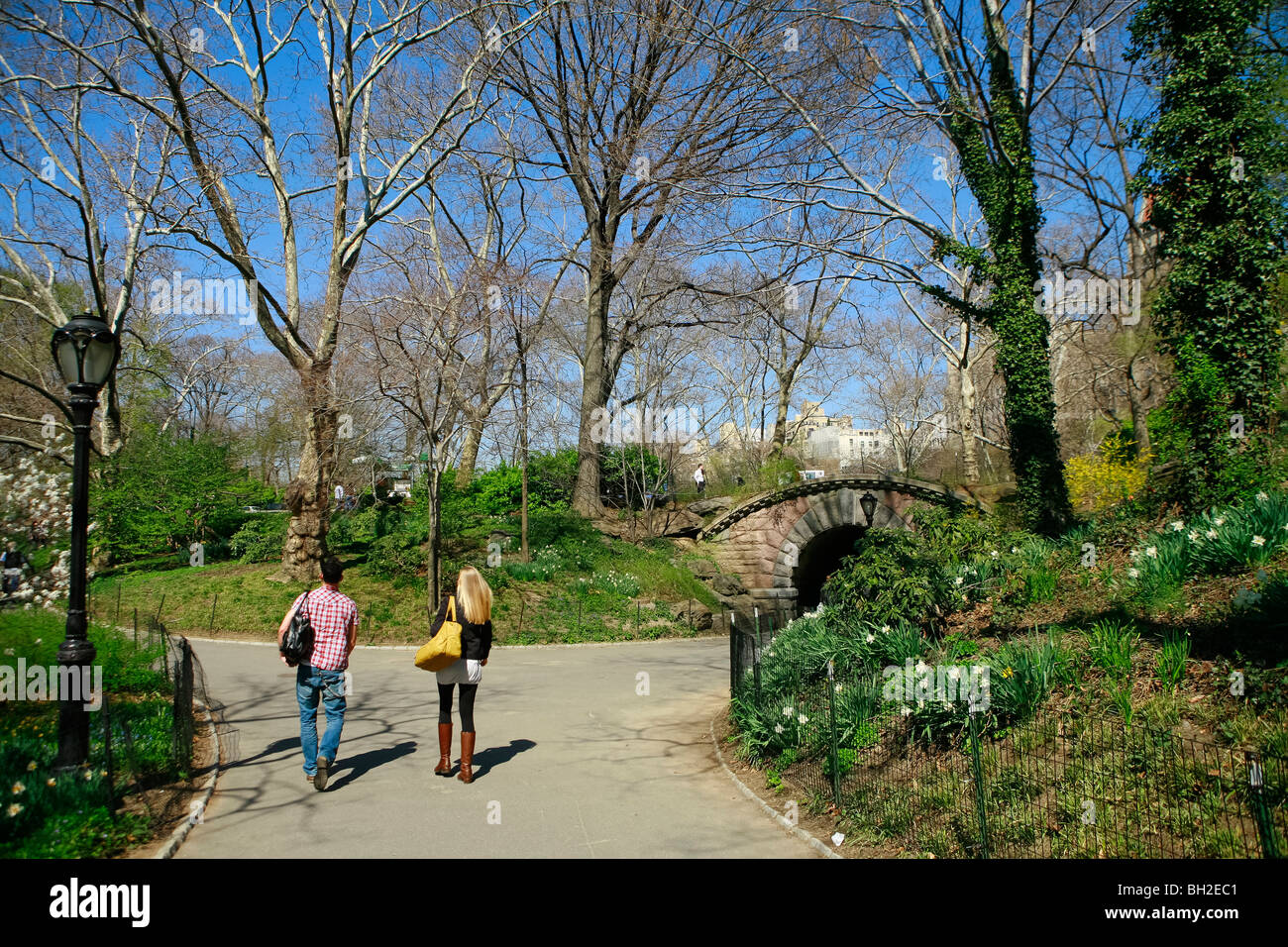 Central Park pendant la saison du printemps quand les fleurs de cerisier et les touristes visiter New York City Banque D'Images