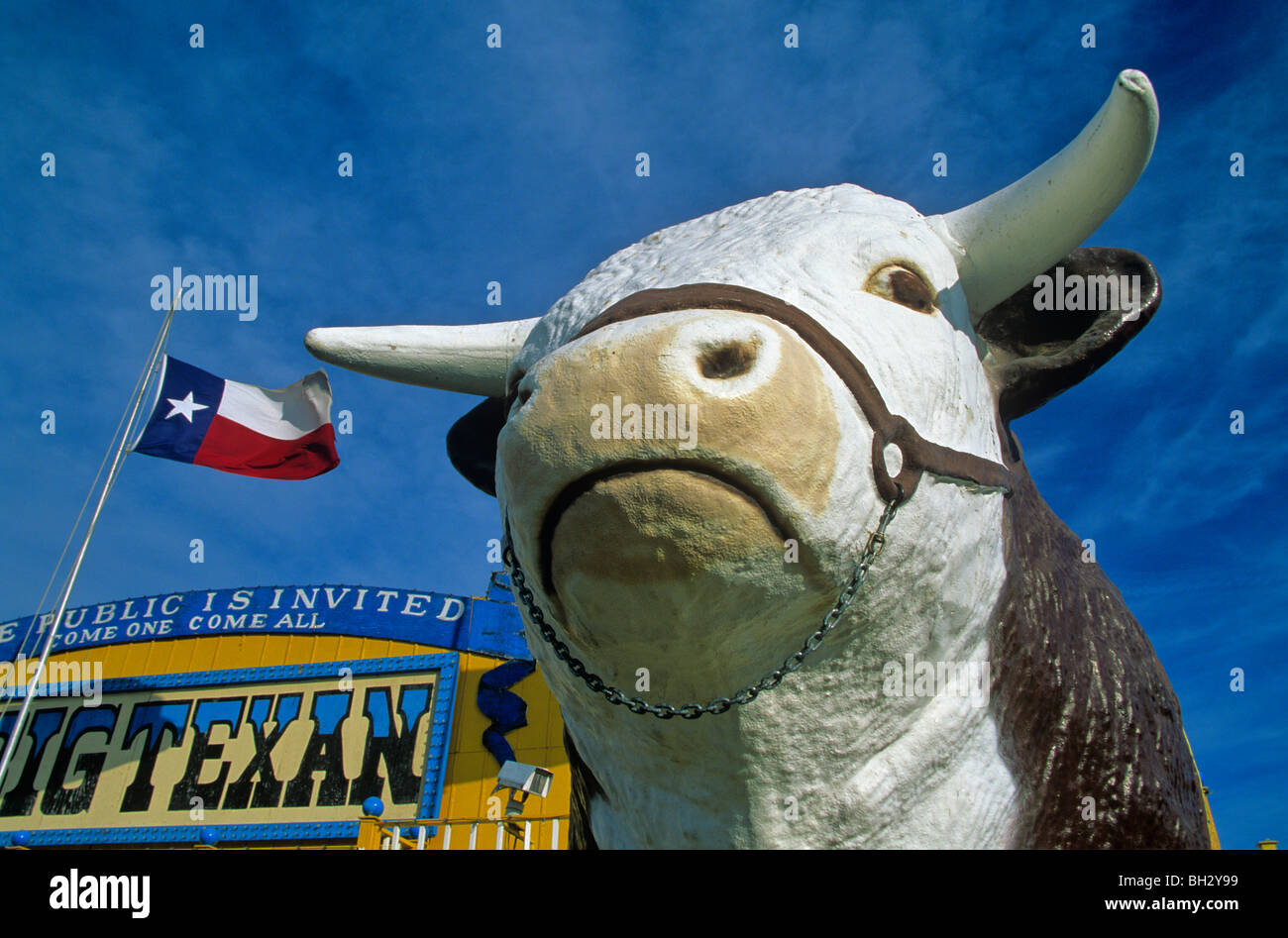 Statue de bovins et signe avec Lone Star Texas flag à Big Texan Steak Ranch, Amarillo, Texas, États-Unis Banque D'Images