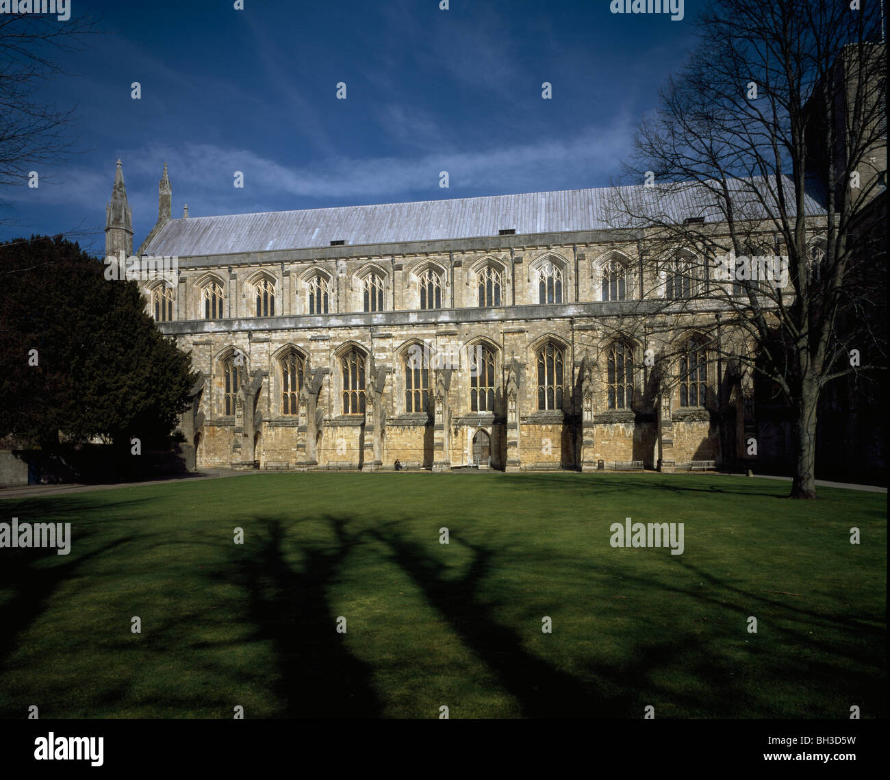 La cathédrale de Winchester, Hampshire, Angleterre. Douze baies de l'élévation sud de la nef, élévation extérieure Banque D'Images
