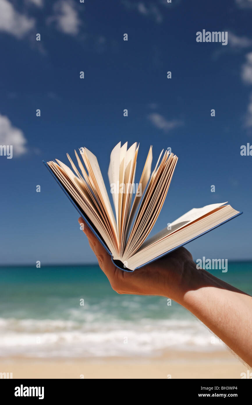 La main d'un homme tenant un livre ouvert contre une plage tropicale Banque D'Images