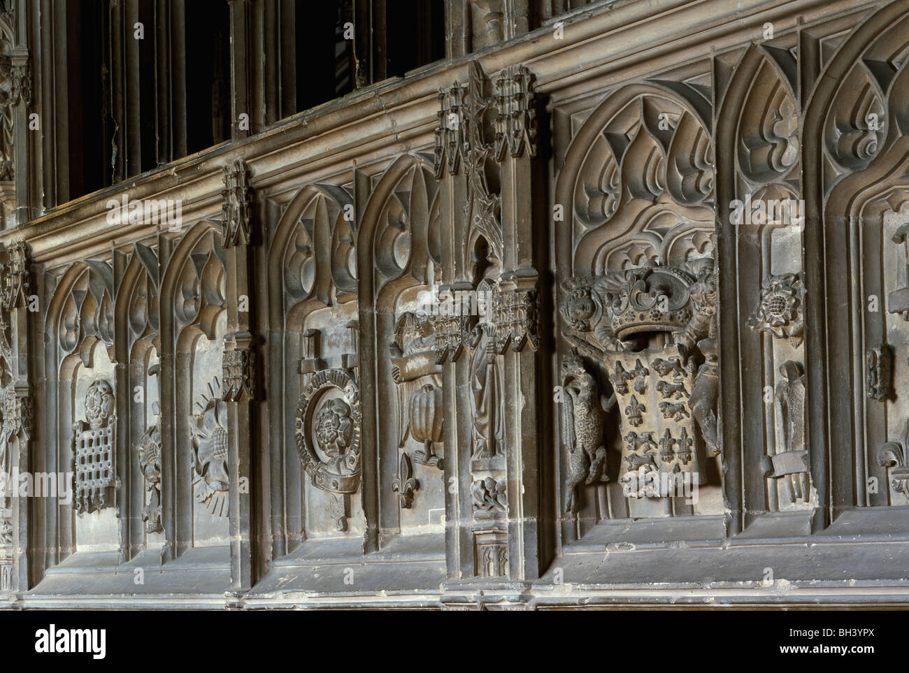 La Cathédrale de Worcester : symboles héraldique gravé dans la façade sud de la chapelle du Prince Arthur chantry. Tudor Rose Banque D'Images